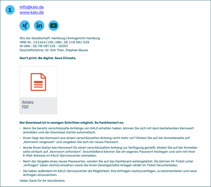 Ansicht einer E-Mail mit verschlüsselten Dokumenten